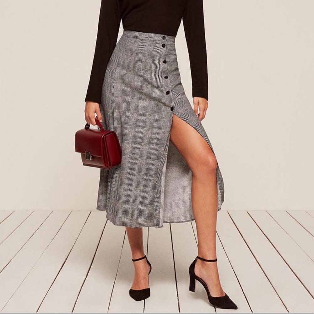 Reformation Gray Plaid Button-Front Midi Skirt